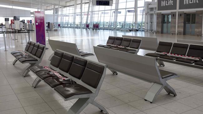 Adelaide Airport practically empty in April after 750 Qantas staff were put into quarantine. Picture: Emma Brasier/AAP