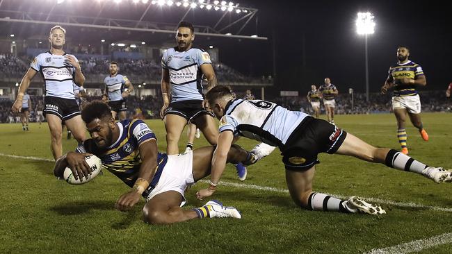 Maika Sivo scores a try for the Eels. Picture: Getty Images