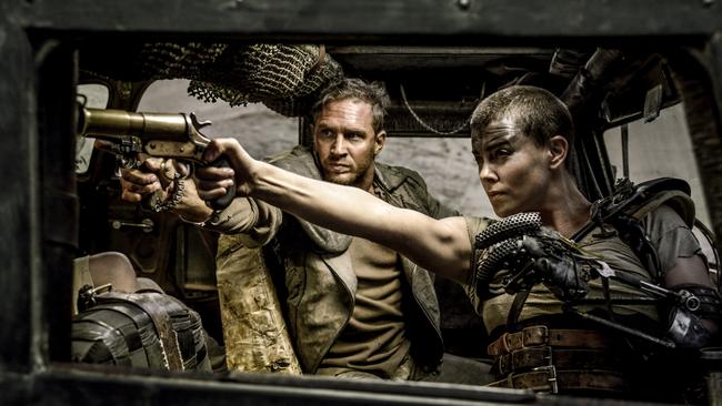 Tom Hard and Charlize Theron in Mad Max: Fury Road.