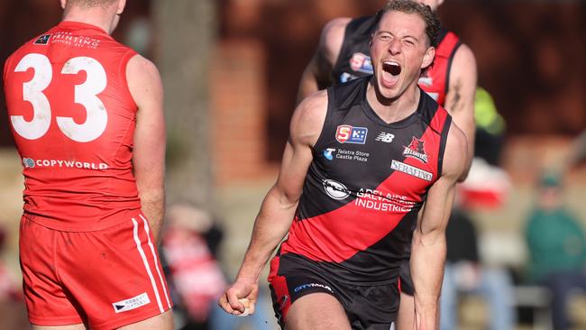 West Adelaide debutant Blair Rubock celebrates his first league goal against North Adelaide at Prospect Oval on Saturday. Picture: SANFL Image / David Mariuz