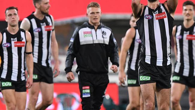 Adam Treloar finished the win over the Swans in a tracksuit. Picture: Getty Images