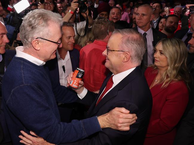 Tony Burke embraces re-elected Prime Minister Anthony Albanese as Jodie Haydon and Nathan Alabense watch on. Picture: NewsWire