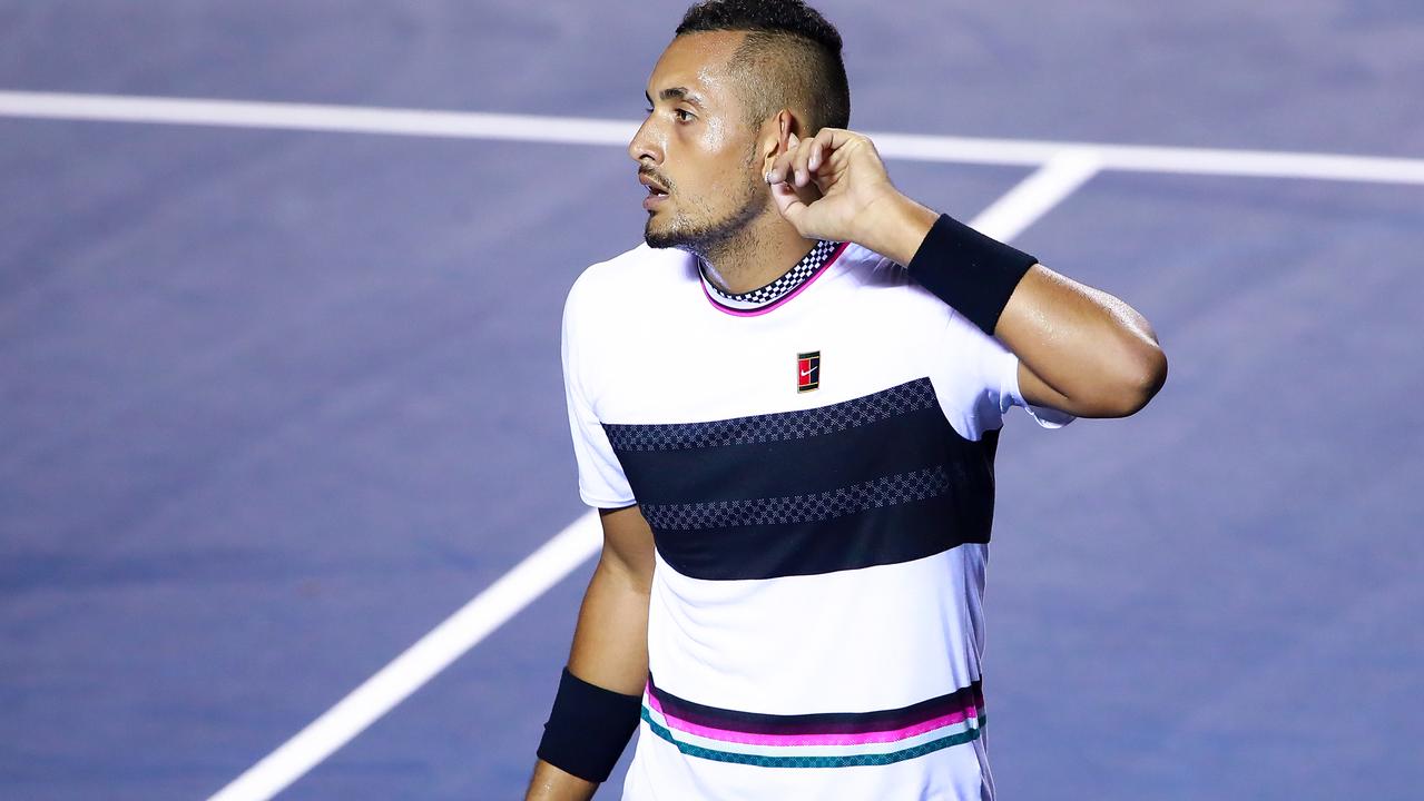 ACAPULCO, MEXICO - FEBRUARY 27: Nick Kyrgios of Australia celebrates after winning his match against Rafael Nadal of Spain as part of the day 3 of the Telcel Mexican Open 2019 at Mextenis Stadium on February 27, 2019 in Acapulco, Mexico. (Photo by Hector Vivas/Getty Images)