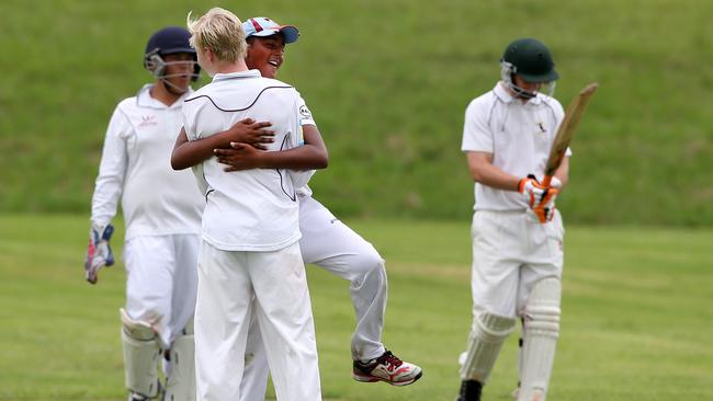 Collegians celebrating a wicket during the under-15s div two junior cricket grand final between Cobbitty Narellan and Collegians at Stromferry Oval, St Andrews. Picture: Jonathan Ng