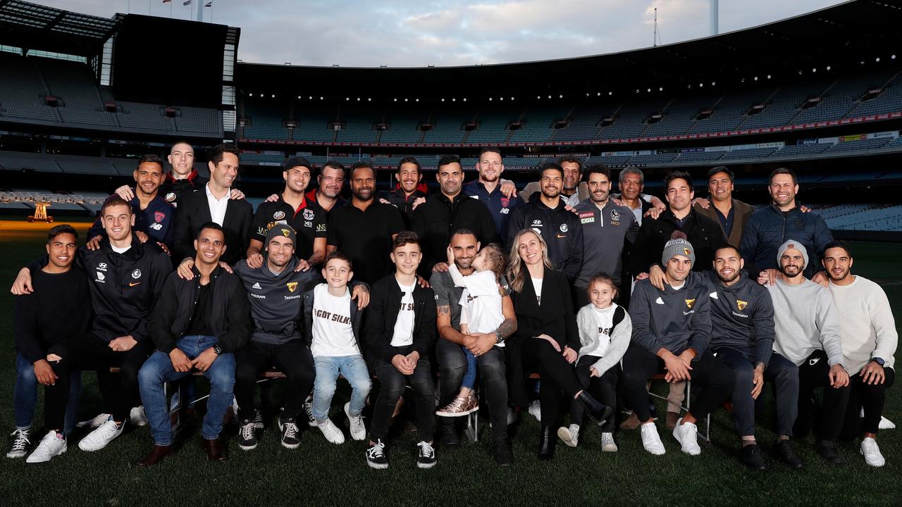 Impey, third from right in the front row, with a number of the AFL’s greatest Indigenous players celebrating Shaun Burgoyne’s Indigenous AFL games record in 2019. Picture: Michael Willson/AFL Photos.