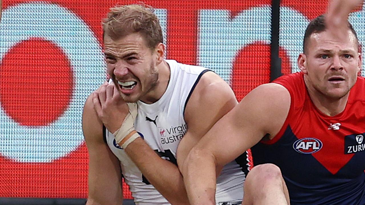 Harry McKay suffered a shoulder injury against the Demons. Picture: Michael Klein