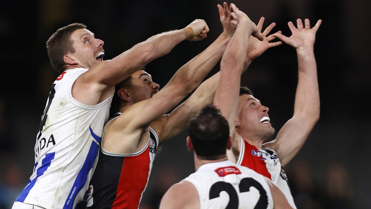 Mitch Owens and Rowan Marshall compete for the ball against North Melbourne on the weekend. Picture: Darrian Traynor/Getty Images