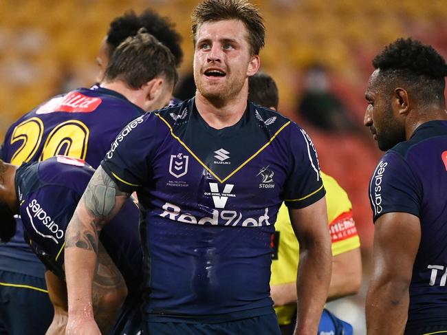 BRISBANE, AUSTRALIA - AUGUST 01: In this handout image provided by NRL Photos Cameron Munster of the Storm looks on during the round 20 NRL match between the Melbourne Storm and the Penrith Panthers at Suncorp Stadium, on August 01, 2021, in Brisbane, Australia. (Photo by Handout/NRL Photos via Getty Images )