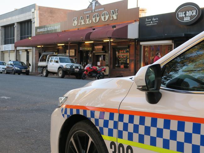 A Northern Territory police vehicle out the front of Rock Bar and Bojangles Saloon in Alice Springs, July 8, 2024. Northern Territory police suspended the liquor license of two licensed premises on Todd Street on July 8, 2024. Picture: Gera Kazakov