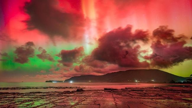 Aurora snapped at Tessellated Pavement in Tasmania on May 11. Picture: Sean O’ Riordan