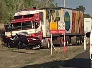 A 26-year-old Townsville man was killed instantly when his car collided with a B-double on the Bruce Highway at Bluewater. Photo: Sharni Anderson/Facebook