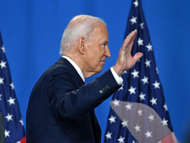 US President Joe Biden waves as he leaves after speaking during a press conference at the close of the 75th NATO Summit at the Walter E. Washington Convention Center in Washington, DC on July 11, 2024. (Photo by SAUL LOEB / AFP)