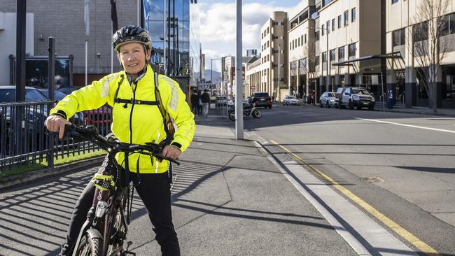 Collins Street new bikes lanes and parklets proposed.- Jo Maddock from South Arm cycling along Collins Street. Picture: Caroline Tan