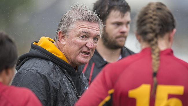 Central Coast coach Michael Burgess speaks to players at halftime during their NSW Country Women's Rugby 7s round-robin game v Newcastle Hunter at Woy Woy Oval on Saturday, 14 March, 2020. Picture: Troy Snook