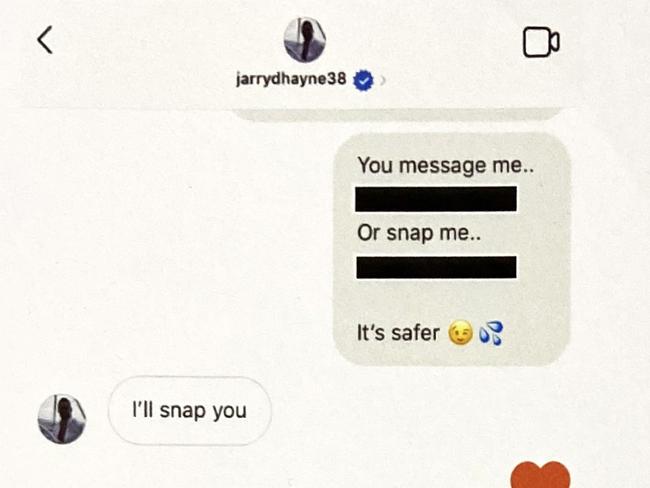 Instagram messages between Jarryd Hayne and the woman he sexually assaulted. Pictures: Supplied.