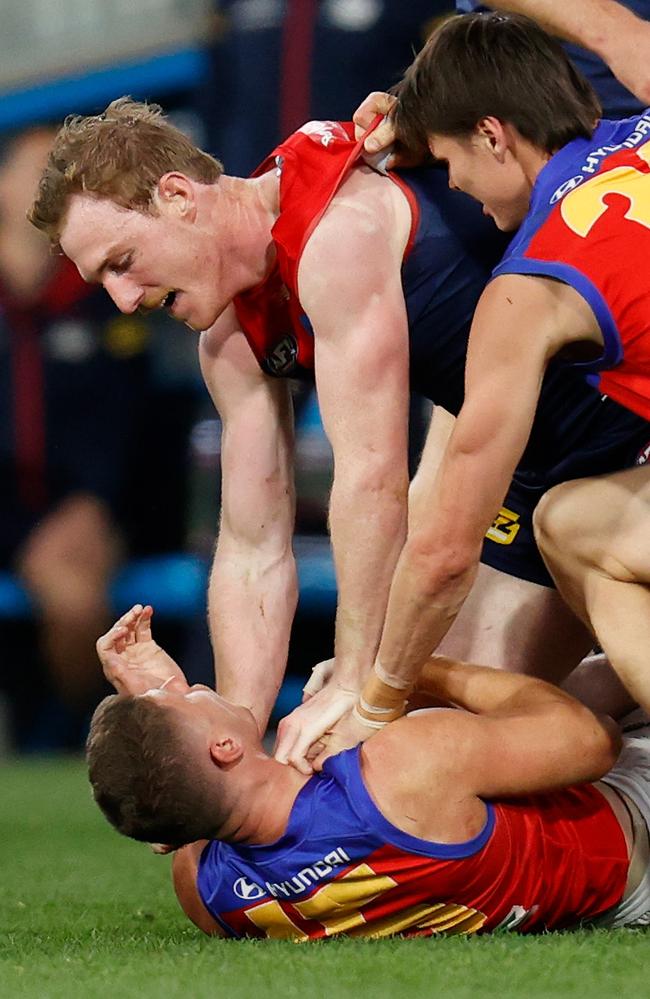 Harry Petty and Dayne Zorko clash during the second semi-final.