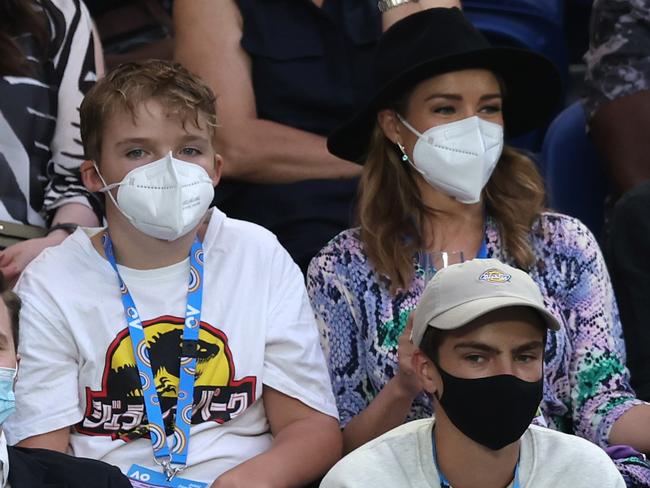 Dannii Minogue and son Ethan watched the Women’s Singles Final match between Ash Barty and Danielle Collins. Picture: Getty Images