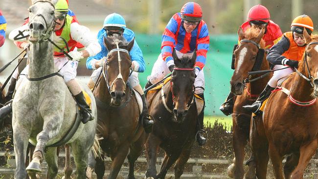 Brad McLean on Black And Bent (blue cap) looks to run down Adam Trinder on Desert Master (grey horse) on his way to winning the Galleywood Hurdle on day 2 of the Warrnambool Carnival