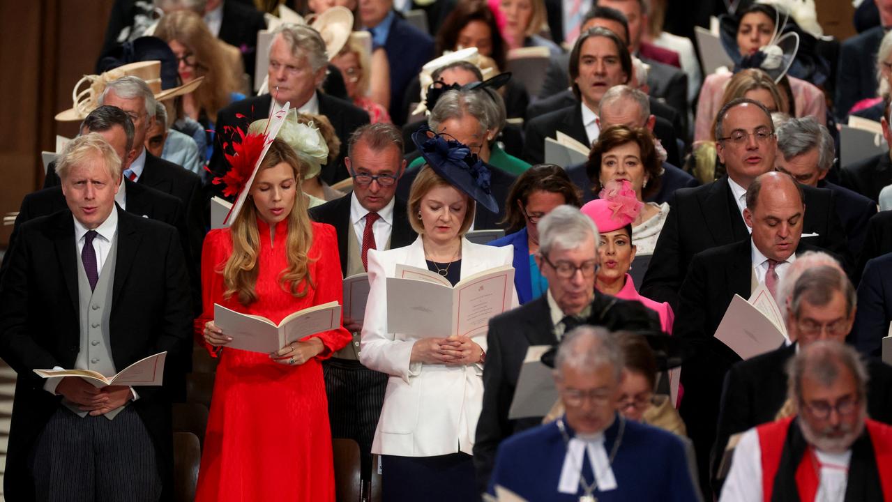 British Prime Minister Boris Johnson, his wife Carrie Johnson, British Foreign Secretary Liz Truss, Home Secretary Priti Patel and Defence Secretary Ben Wallace attend the National Service of Thanksgiving. Picture: Aaron Chown - WPA Pool/Getty Images