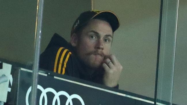 Jarryd Roughead watches the action from the coaches box. Picture: Getty Images