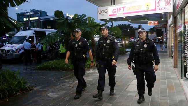 Police heading up a major crackdown on crime in Cairns CBD called Operation Romeo Paso. Sergeant Steve Heemi, Senior Constable Andrew Greenwood and Senior Constable Richie Manning on patrol in Shield St. PICTURE: STEWART MCLEAN