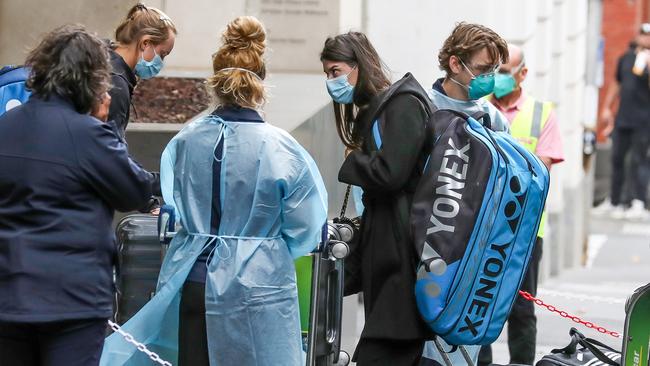 Australian Open players and support staff arrive at the Grand Hyatt in Melbourne. Picture: Tim Carrafa