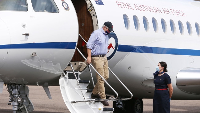 Prime Minister of Australia Scott Morrison arrives by plane to visit cyclone affected areas in Kalbarri, Western Australia, on April 16, 2021. Picture: Getty Images