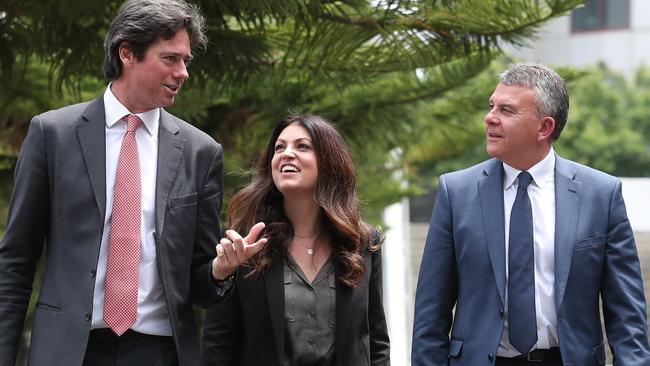 Lifeline Australia Chief Executive Officer Colin Seery with AFL CEO Gillon McLachlan and AFL Head of Mental Health and Wellbeing Dr Kate Hall in 2019. Picture: Michael Willson/AFL Photos via Getty Images