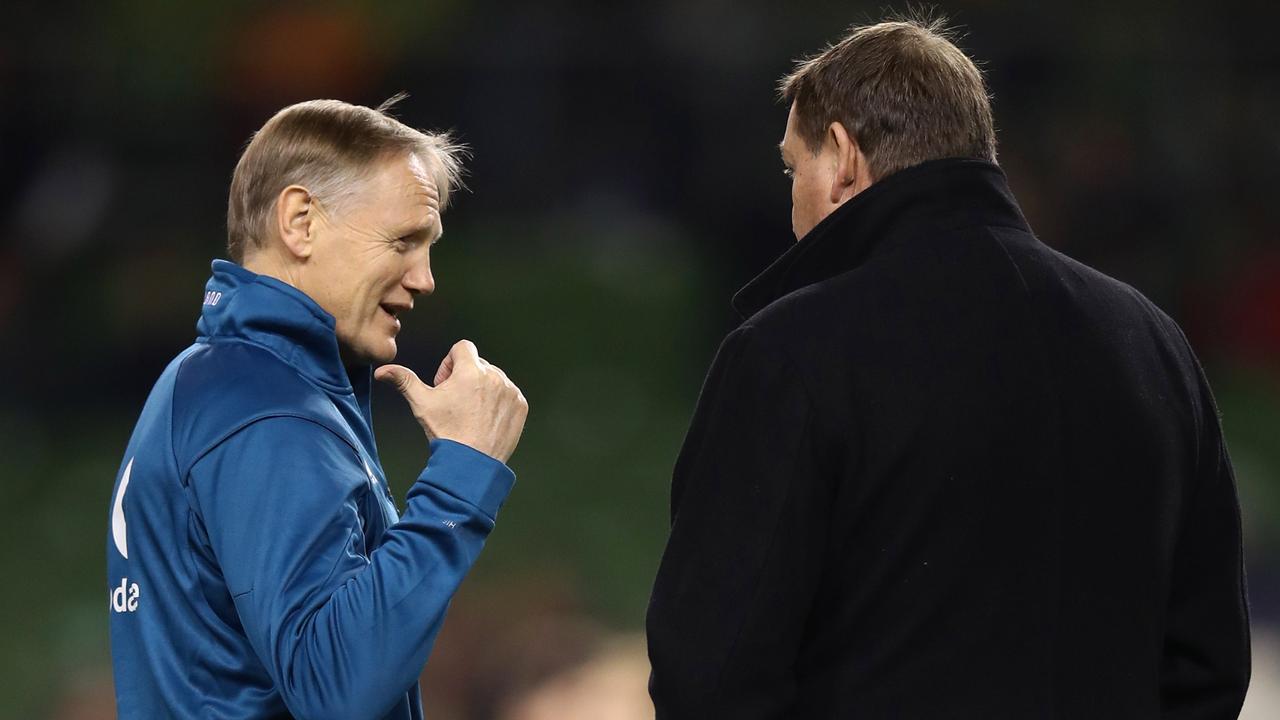 Ireland coach Joe Schmidt chats with All Blacks rival Steve Hansen in Dublin.