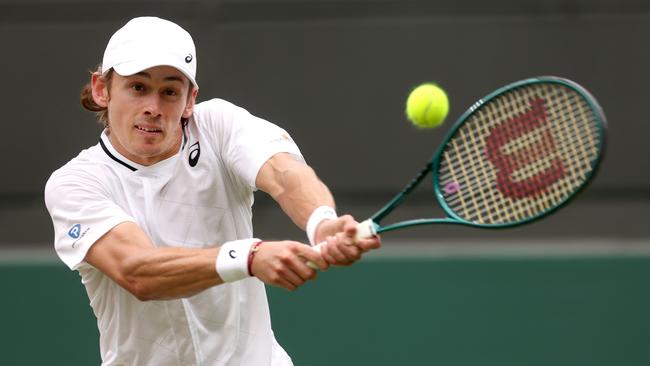 Alex de Minaur of Australia plays a backhand against Arthur Fils. Picture: Getty Images