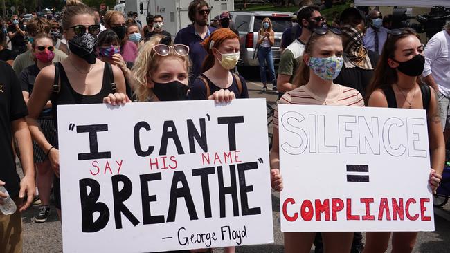 People gather outside of the memorial service for George Floyd at North Central University in Minneapolis, Minnesota.