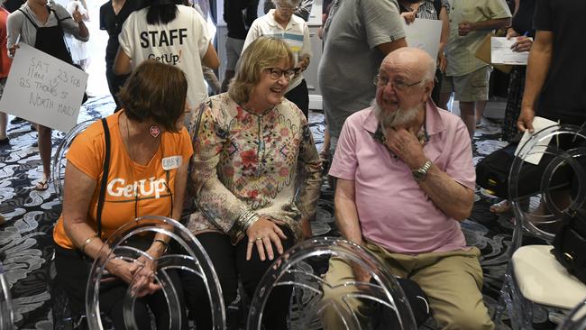 Author Tom Keneally among GetUp volunteers at Manly Pavilion.