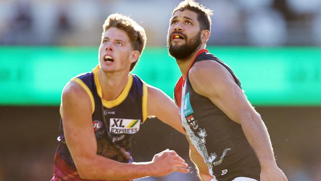 Tom Fullarton (left) rucks against Paddy Ryder in his second season at Brisbane in 2020. Picture: Michael Klein