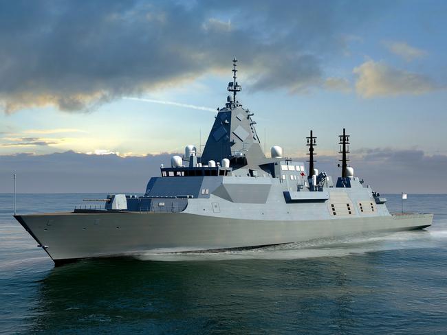 An artist's impression of the BAE Systems SEA 5000 Future Frigate, Global Combal Ship - Australia. Image credit: BAE Systems *** Local Caption *** On 29 June 2018, BAE Systems Australia were announced as the successful bid to design the Global Combat Ship â Australia Hunter Class frigates, to be built by ASC Shipbuilding at the Osborne Naval Shipyard in Adelaide, South Australia.   SEA 5000 Phase 1 Future Frigate Program will deliver anti-submarine warfare frigates,the Hunter class.   The Hunter class enter service in the late 2020s replacing the eight Anzac frigates, which have been in service since 1996.  The Hunter class will have the capability to conduct a variety of missions independently, or as part of a task group, with sufficient range and endurance to operate effectively throughout the region.  The frigates will also have the flexibility to support non-warfare roles such as humanitarian assistance and disaster relief.  Incorporating the leading-edge Australian-developed CEA Phased-Array Radar and the US Navyâs Aegis combat management system, with an Australian interface developed by Saab Australia, the Hunter class will be one of the most capable warships in the world.