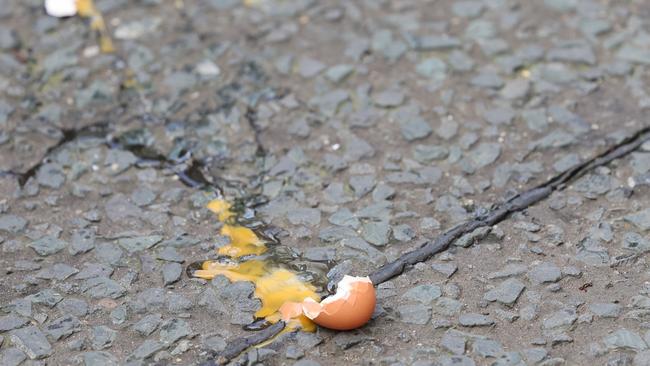 The broken egg thrown by a member of the public as King Charles III and Camilla (Photo by Chris Jackson/Getty Images)