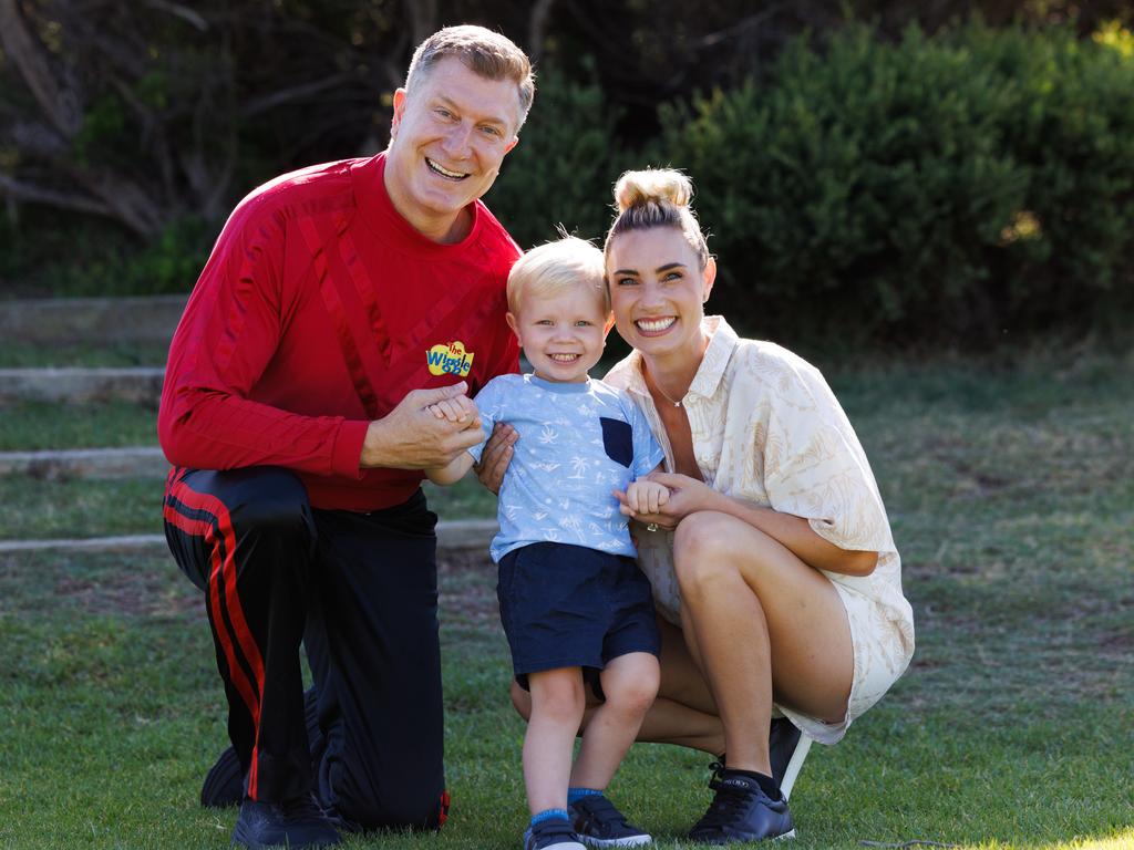 Red Wiggle Simon Pryce with son Asher and wife Lauren Hannaford. Picture: Tim Pascoe