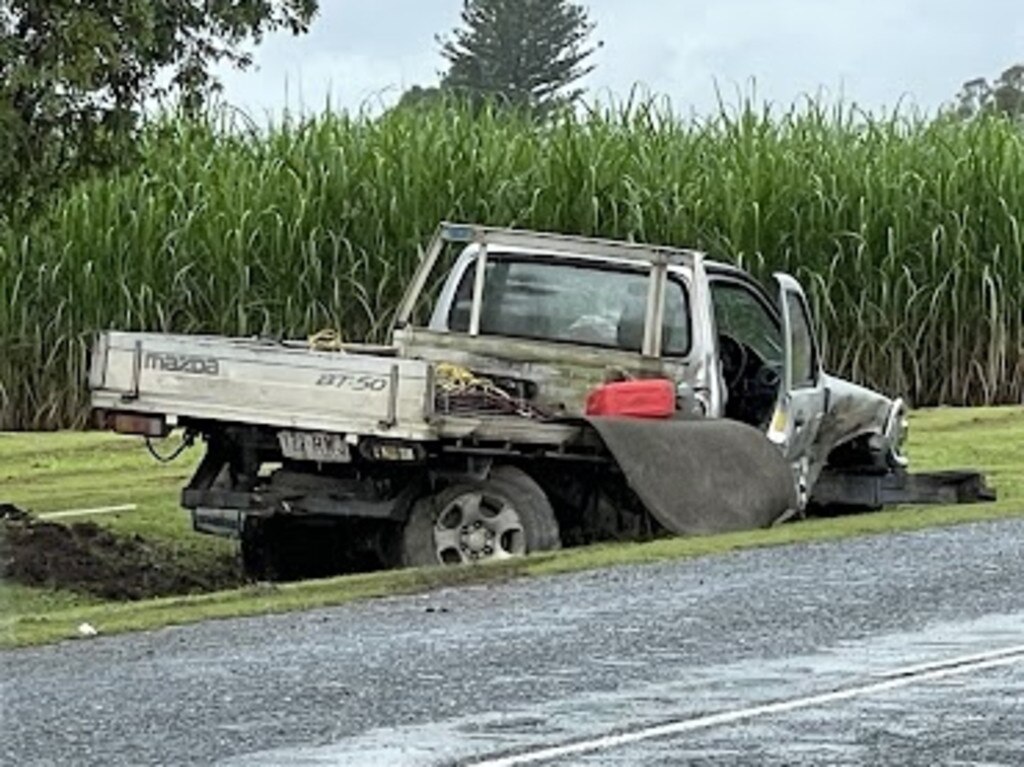 A ute sustained significant damage following a crash on Mackay-Eungella road outside Pinnacle, on March 25, 2024. Picture: Fergus Gregg.