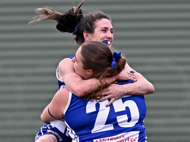 Coburg DistrictsÃ Jacinta Brew celebrates a goal with  Chiara Chiavaroli during the EDFL women Coburg Districts v Sunbury Lions Grand Final in Glenroy, Saturday, Aug. 17, 2024. Picture: Andy Brownbill