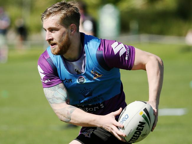 Cameron Munster runs the ball during Storm’s open training session at Gosch’s Paddock. Picture: Colleen Petch