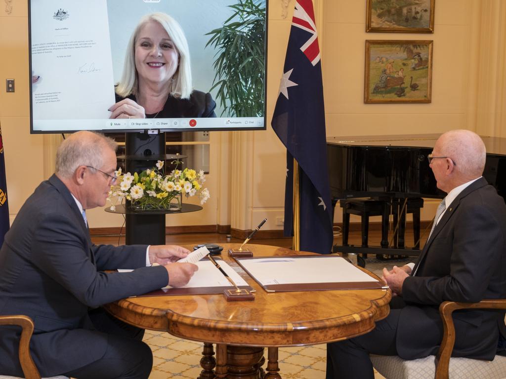 Home Affairs Minister Karen Andrews appears via video link during a virtual swearing-in ceremony with PM Scott Morrison and Governor-General David Hurley Picture: NCA NewsWire / Martin Ollman