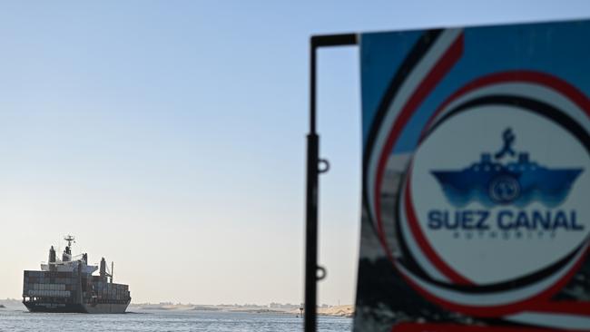 A ship transits the Suez Canal towards the Red Sea. Houthi rebels in Yemen pledged disruption on all ships destined for Israel through the Red Sea's Suez Canal. Picture: Getty Images