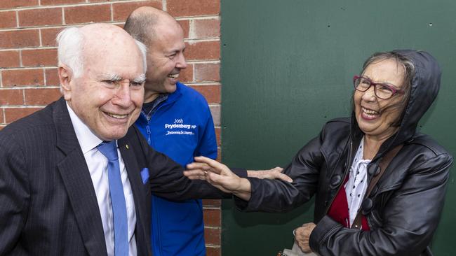 John Howard makes an impression in the Melbourne seat of Kooyong while campaigning with Josh Frydenberg on Tuesday. Picture: Aaron Francis