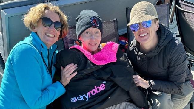 Townsville University Hospital radiation therapist Elizabeth Denyer, 49, centre, completed the epic 34-kilometre solo swim across the English Channel in 12 hours and 58 minutes on August 21. Picture: Supplied