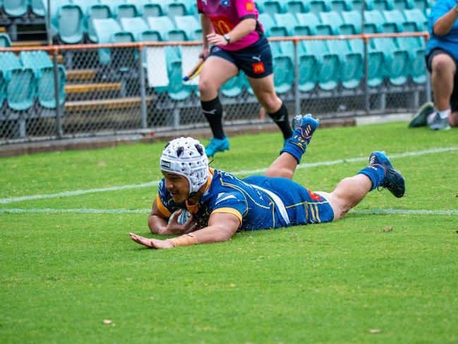 Devonte Vaivela dives over to score a try in the SG Ball grand final between the Parramatta Eels and Newcastle Knights. Picture: Thomas Lisson