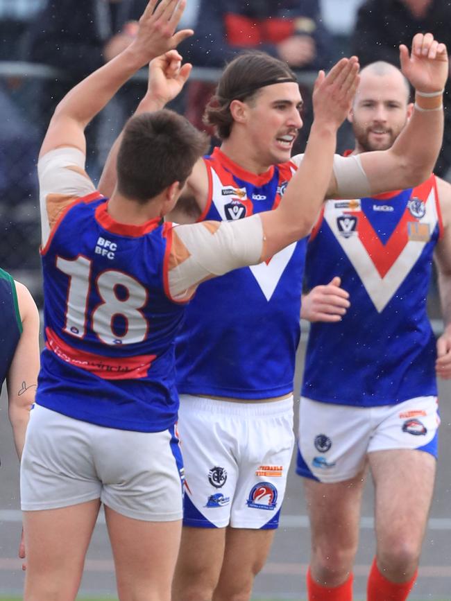 South Barwon’s Harry Cunningham celebrates a goal with Jackson Carmody Picture: Mark Wilson