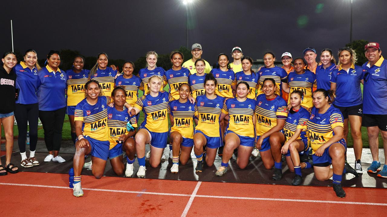 The Cairns Kangaroos celebrate winning the Far North Queensland Rugby League (FNQRL) women's grand final match against the Atherton Roosters at Barlow Park. Picture: Brendan Radke