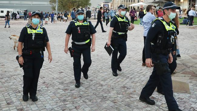 Police patrol Federation Square in Melbourne on Thursday. Picture: David Crosling