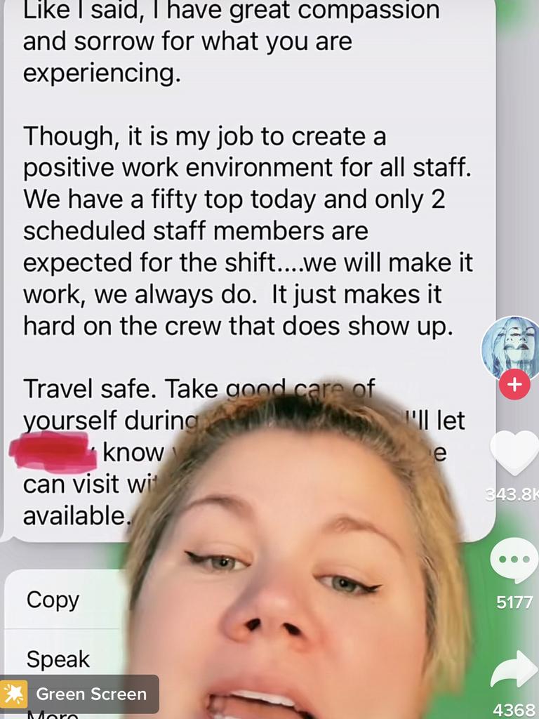The manager explains that Ms Zinks’ absence makes it hard on other staff. Picture: @hillary.zinks / TikTok