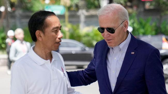 US President Joe Biden greets Indonesian President Joko Widodo at the G20 summit in Bali on Wednesday. Picture: AFP