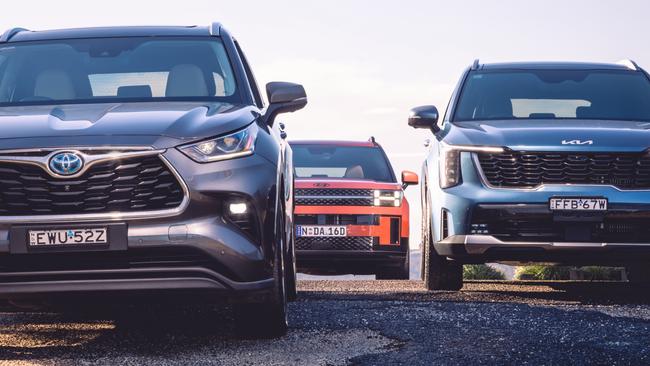 The Toyota Kluger, Hyundai Santa Fe and Kia Sorento represent attractive options. Picture: Thomas Wielecki.